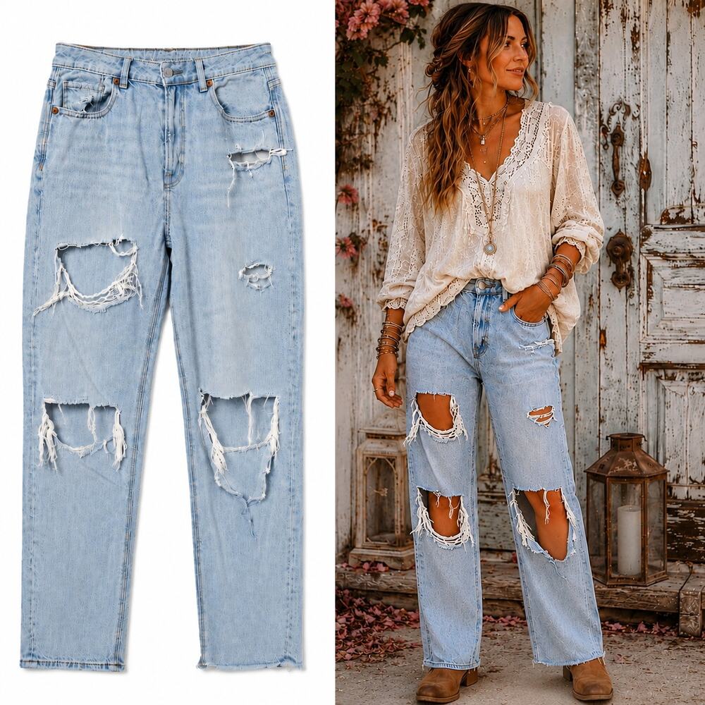 American Eagle Women's High Waisted Distressed Mom Denim Jeans Size 6 Blue